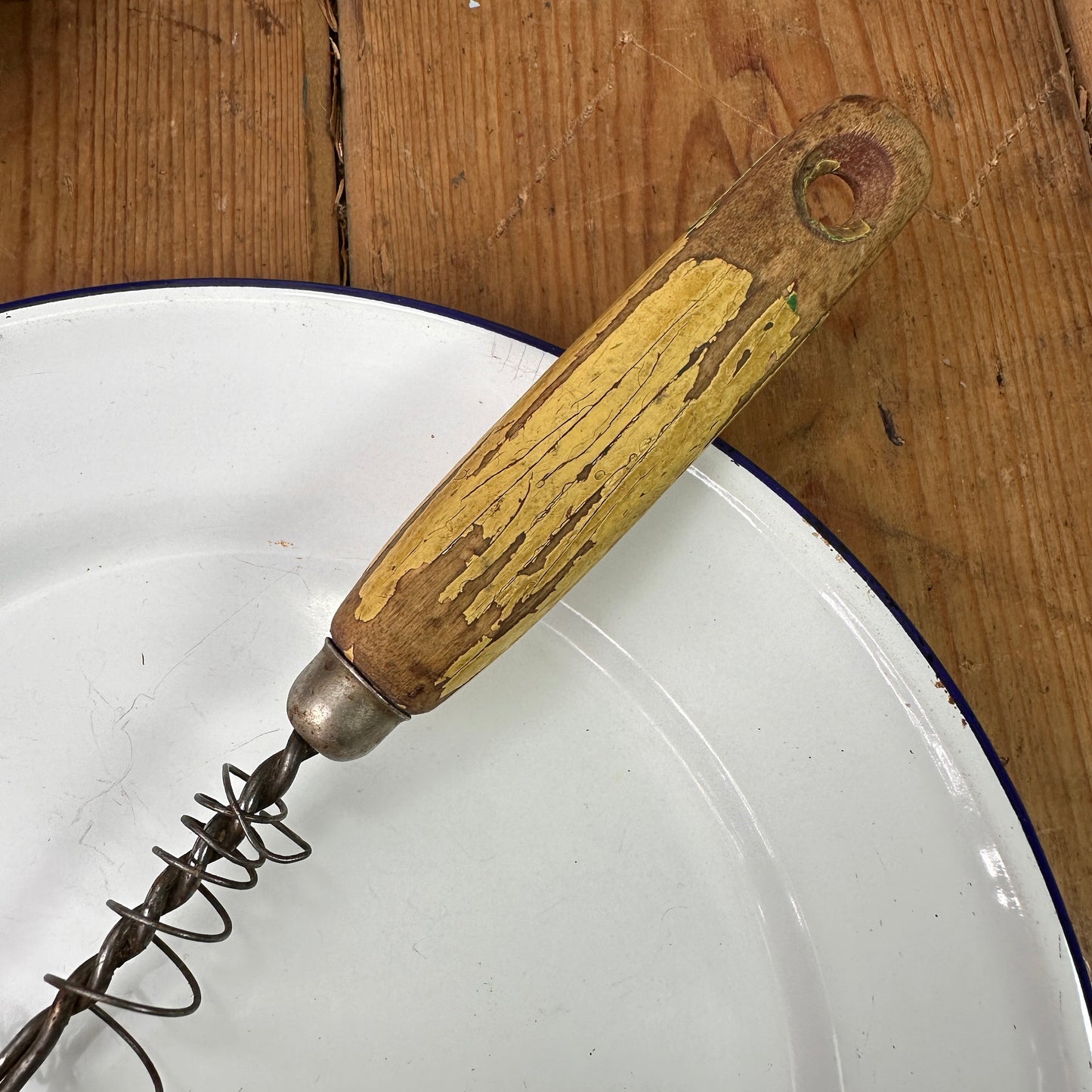 Vintage Yellow Wooden Handle Whisk