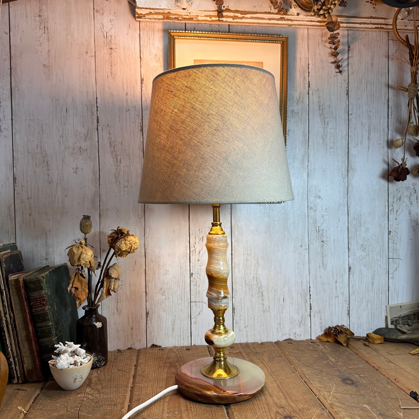 Vintage Brass & Marble Onyx Table lamp