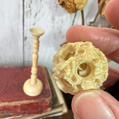 Antique Carved Bone Canton Puzzle Ball & Stand