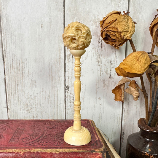 Antique Carved Bone Canton Puzzle Ball & Stand