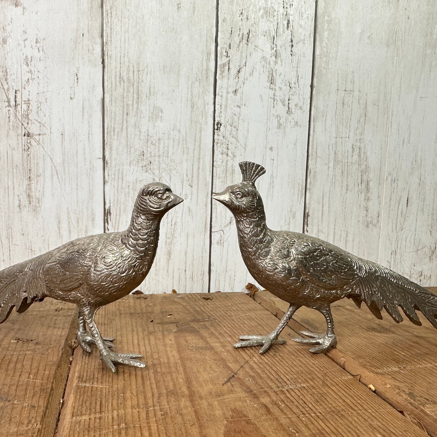 Mid Century Fabulous White Silver Metal Pair of Pheasant Figures