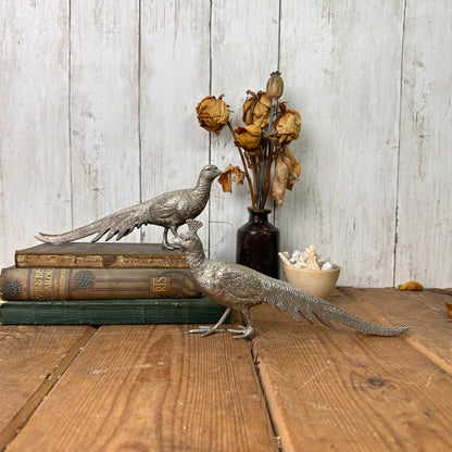 Mid Century Silver Metal Pair of Pheasant Figures