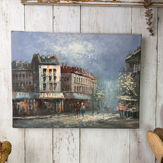 Mid Century Original Oil on Canvas French Street Scene