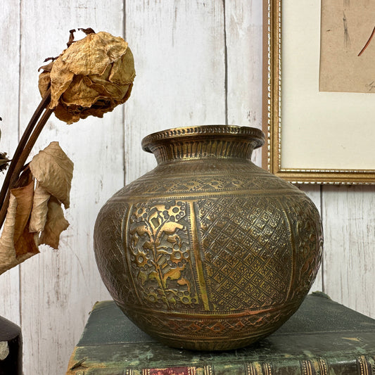 Antique Arabian Middle Eastern Squat Brass Vase Bohemian Engraved