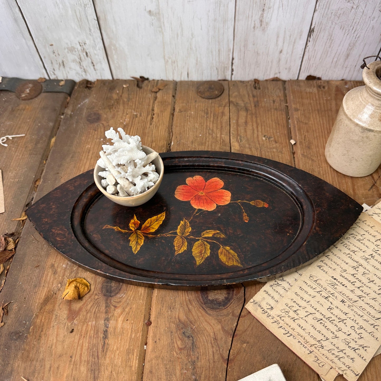 Vintage Black Ebonised Tray with Inlayed Flowers