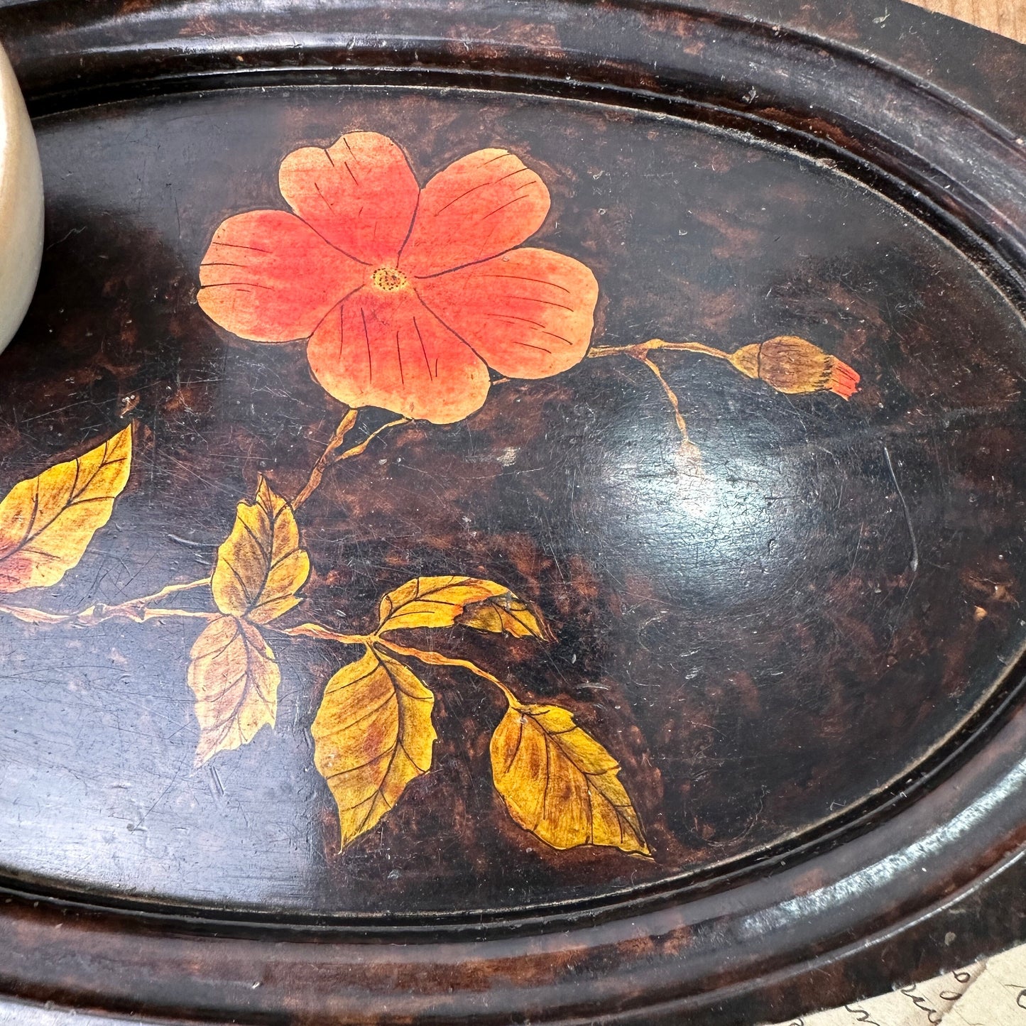 Vintage Black Ebonised Tray with Inlayed Flowers