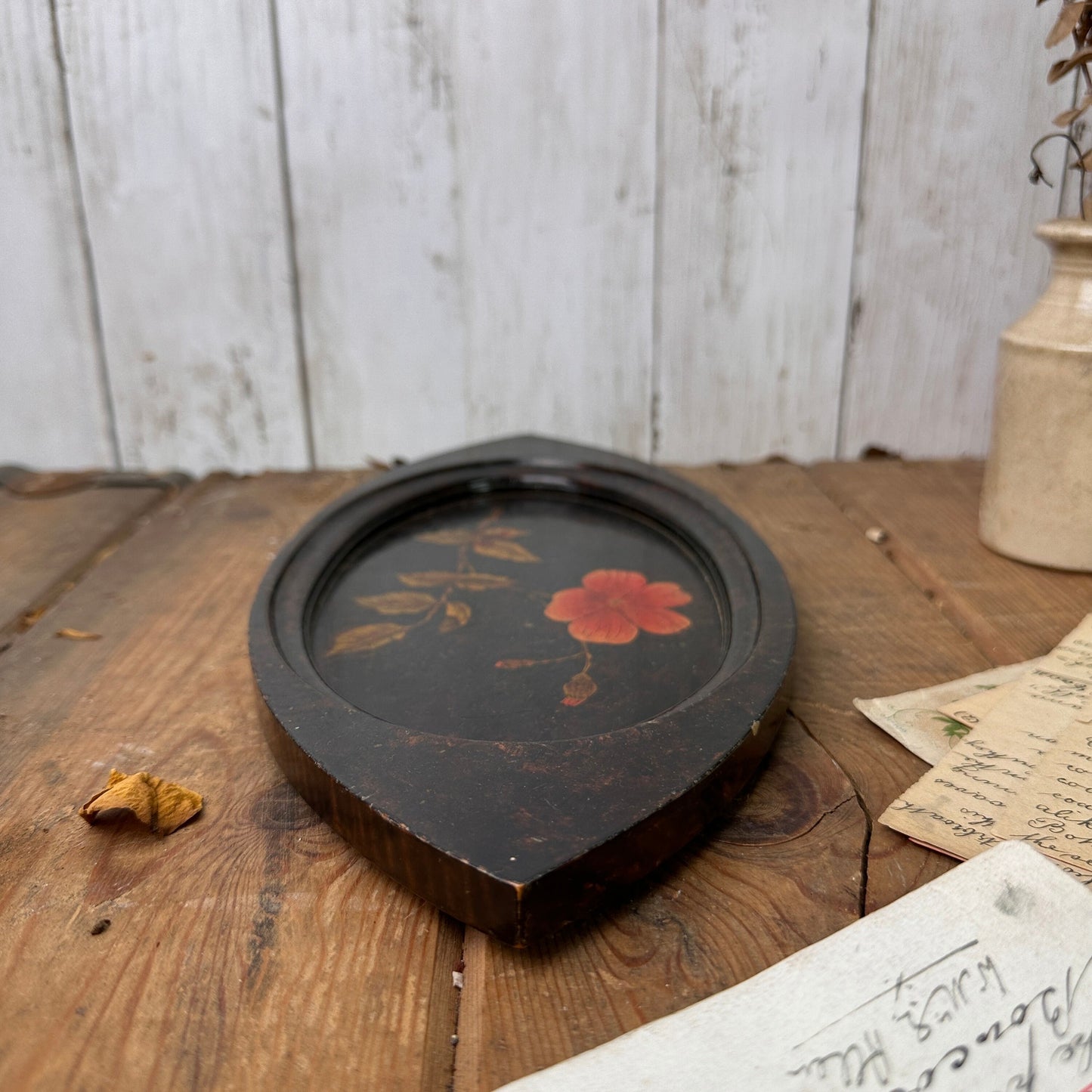 Vintage Black Ebonised Tray with Inlayed Flowers