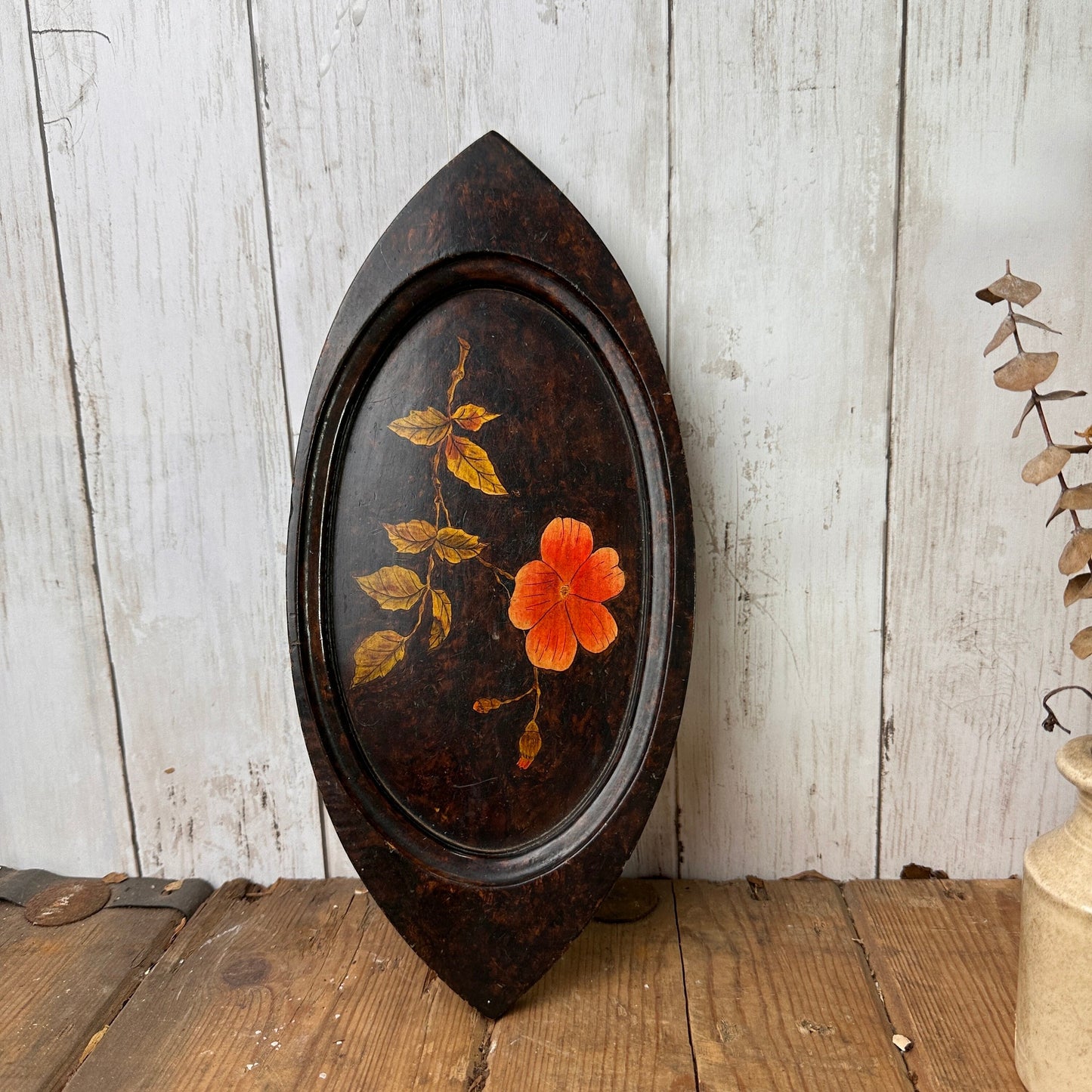 Vintage Black Ebonised Tray with Inlayed Flowers