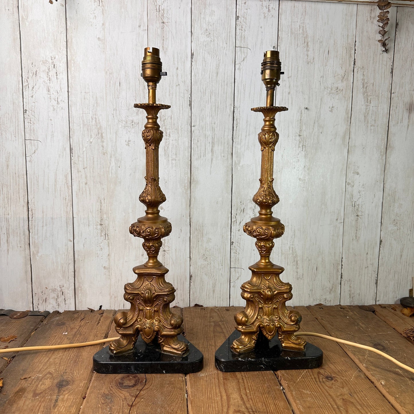 Pair of Rococo Style French Gold Marble Table lamps, Side Lamps