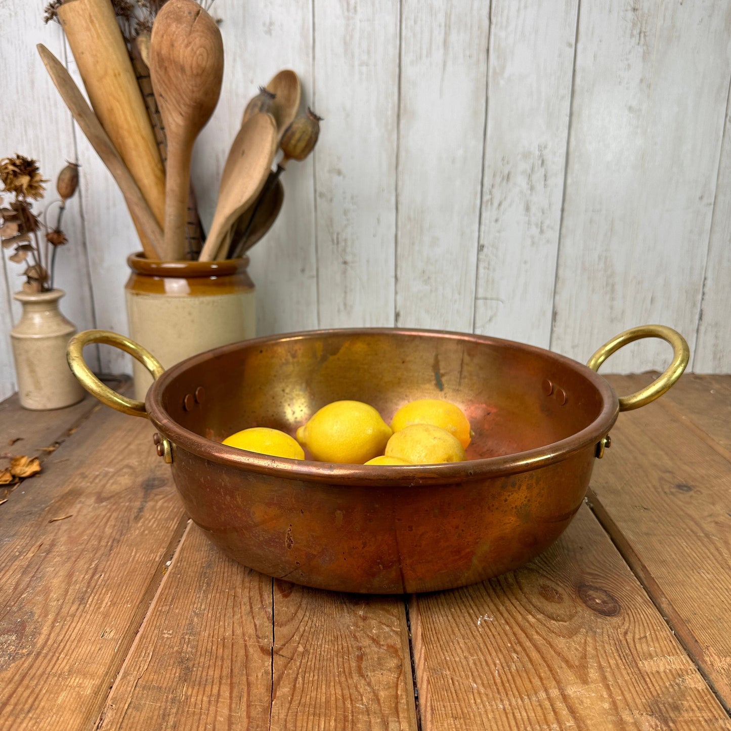 Antique Copper Round Planter Twin Handle Fruit Bowl Dish