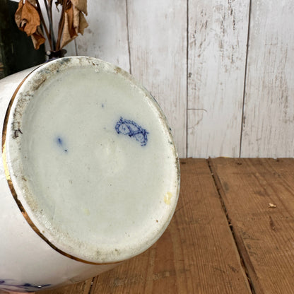 White Victorian Blue Flow Jug Syrup Pitcher with Pewter Top