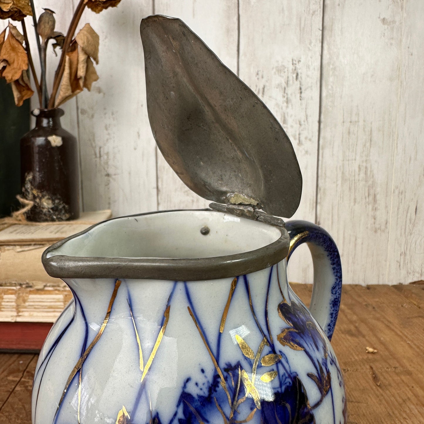 White Victorian Blue Flow Jug Syrup Pitcher with Pewter Top