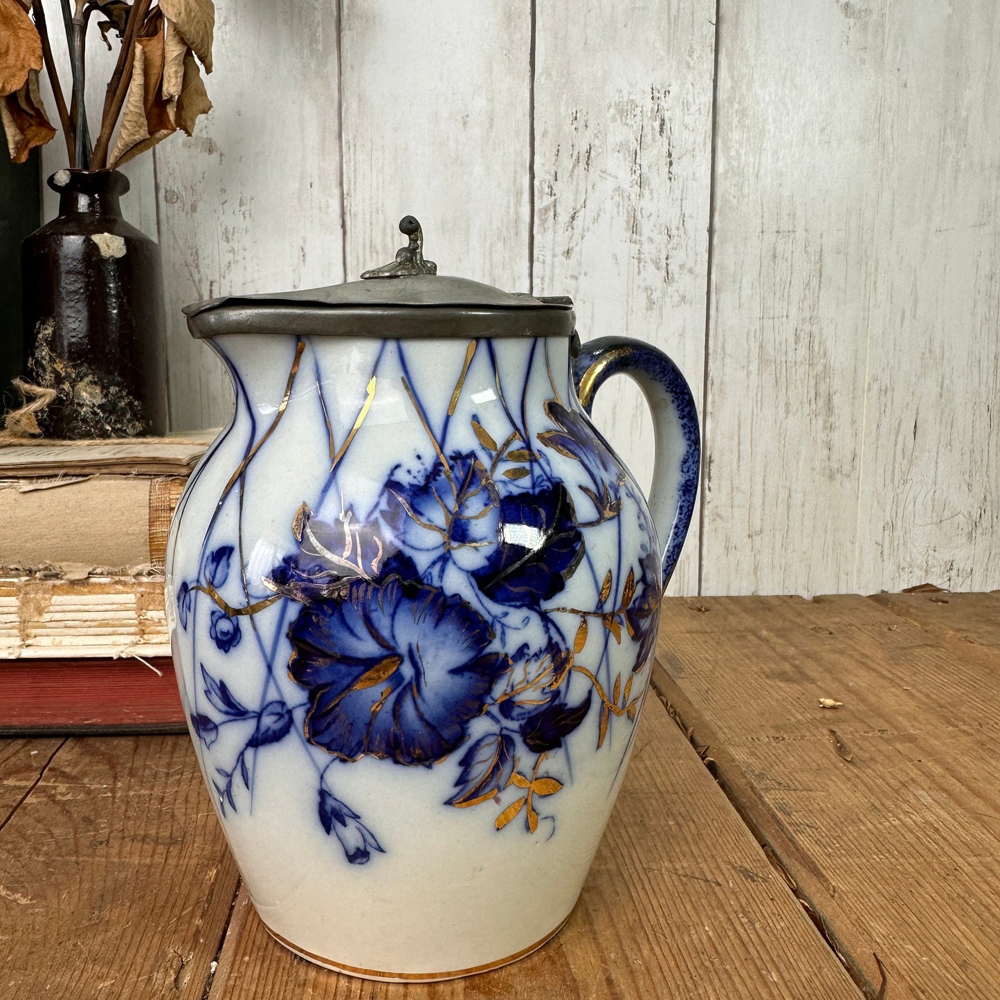 White Victorian Blue Flow Jug Syrup Pitcher with Pewter Top