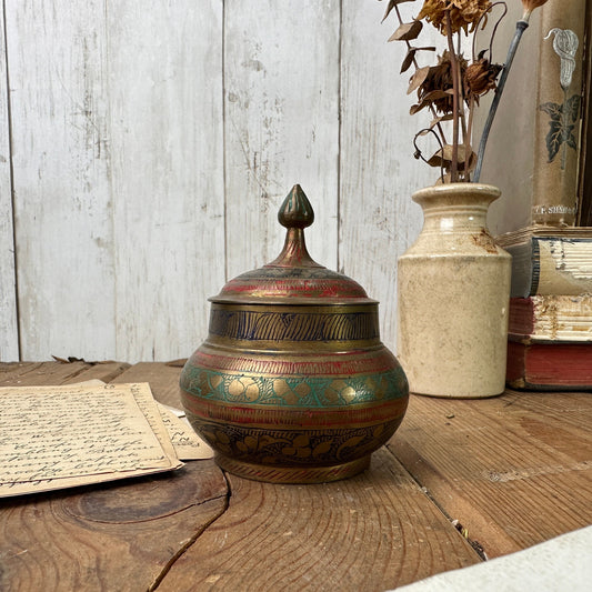 Vintage Arabian Small Middle Eastern Dish Lidded Pot, Ring Dish Coin Dish Engraved