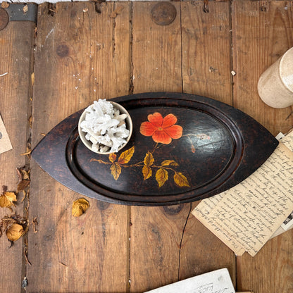 Vintage Black Ebonised Tray with Inlayed Flowers