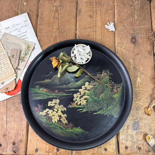 Victorian Black Ebony Tray Oriental Design