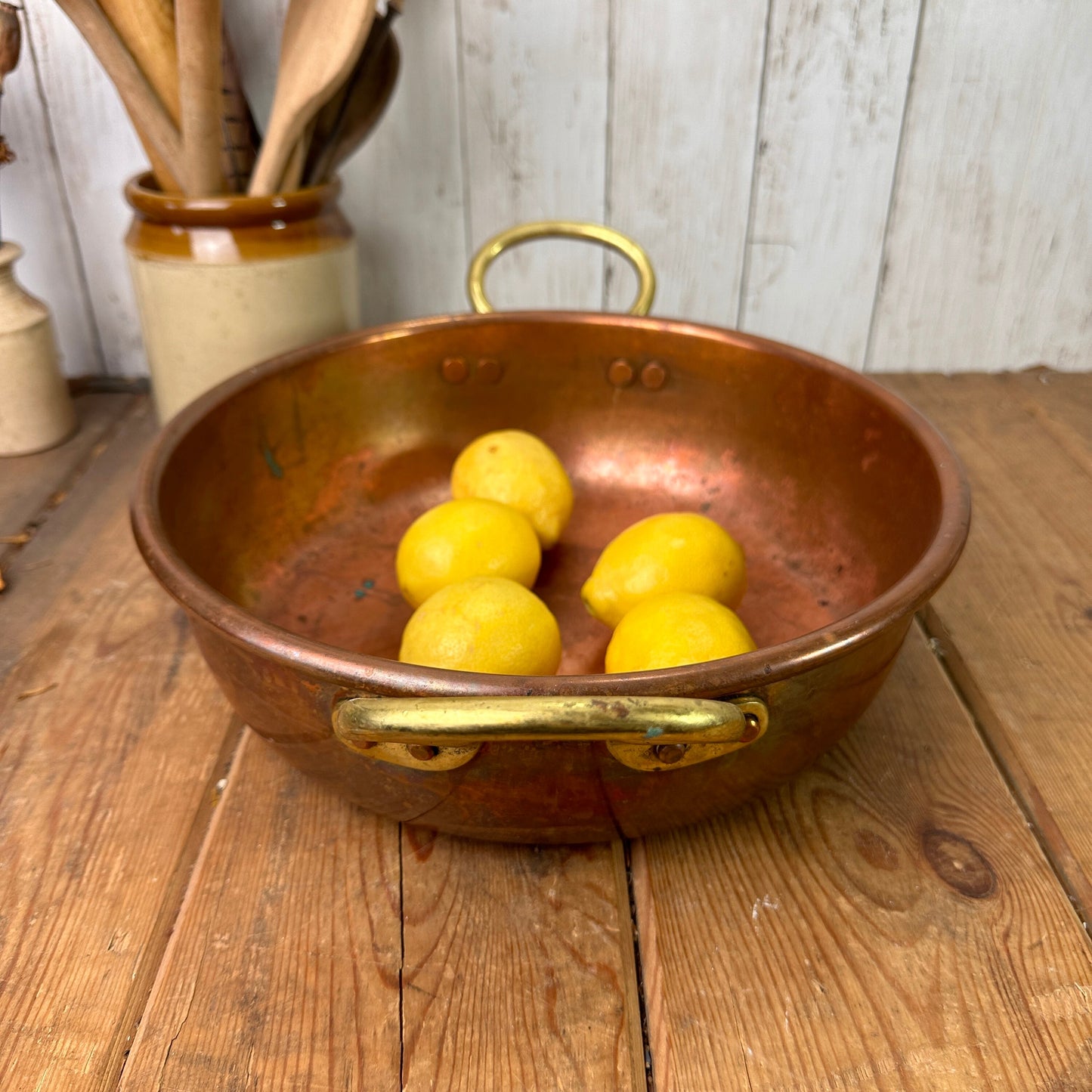 Antique Copper Round Planter Twin Handle Fruit Bowl Dish