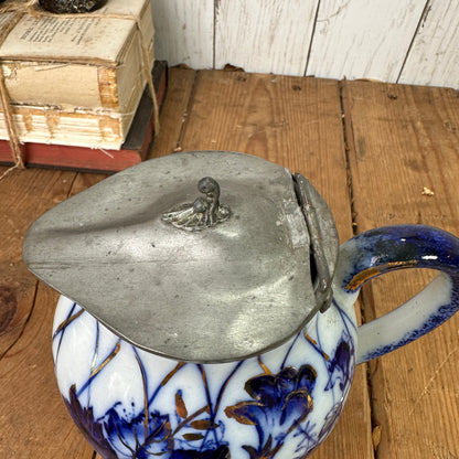 White Victorian Blue Flow Jug Syrup Pitcher with Pewter Top