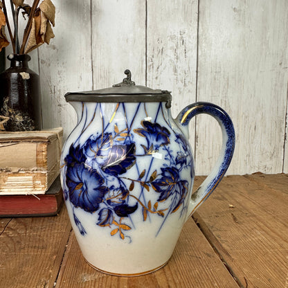 White Victorian Blue Flow Jug Syrup Pitcher with Pewter Top