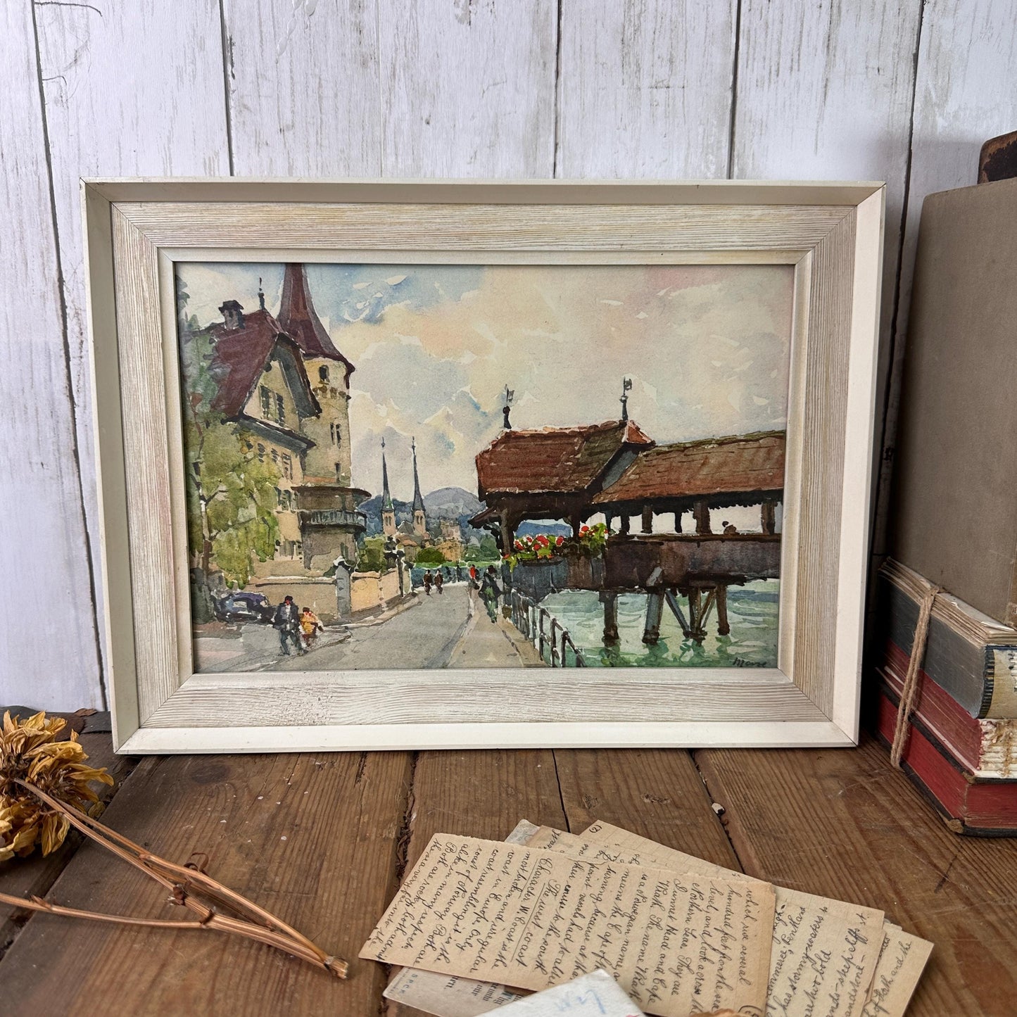 Vintage Signed Nicolas Markovitch Watercolour Print Chapel Bridge