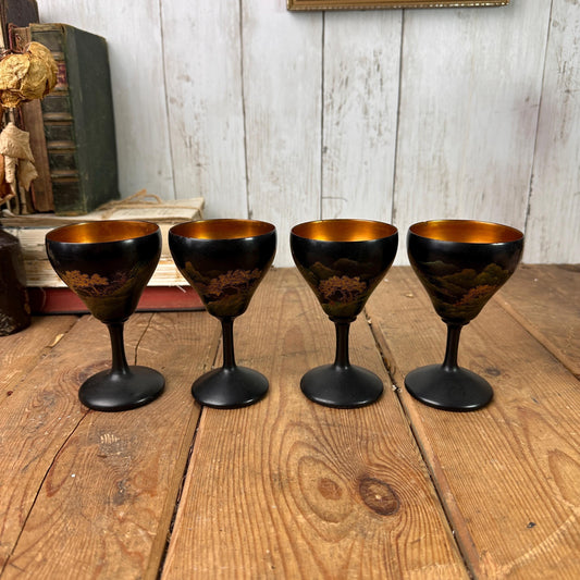 Set of Four Black & Gold Vintage Wooden Oriental Goblets