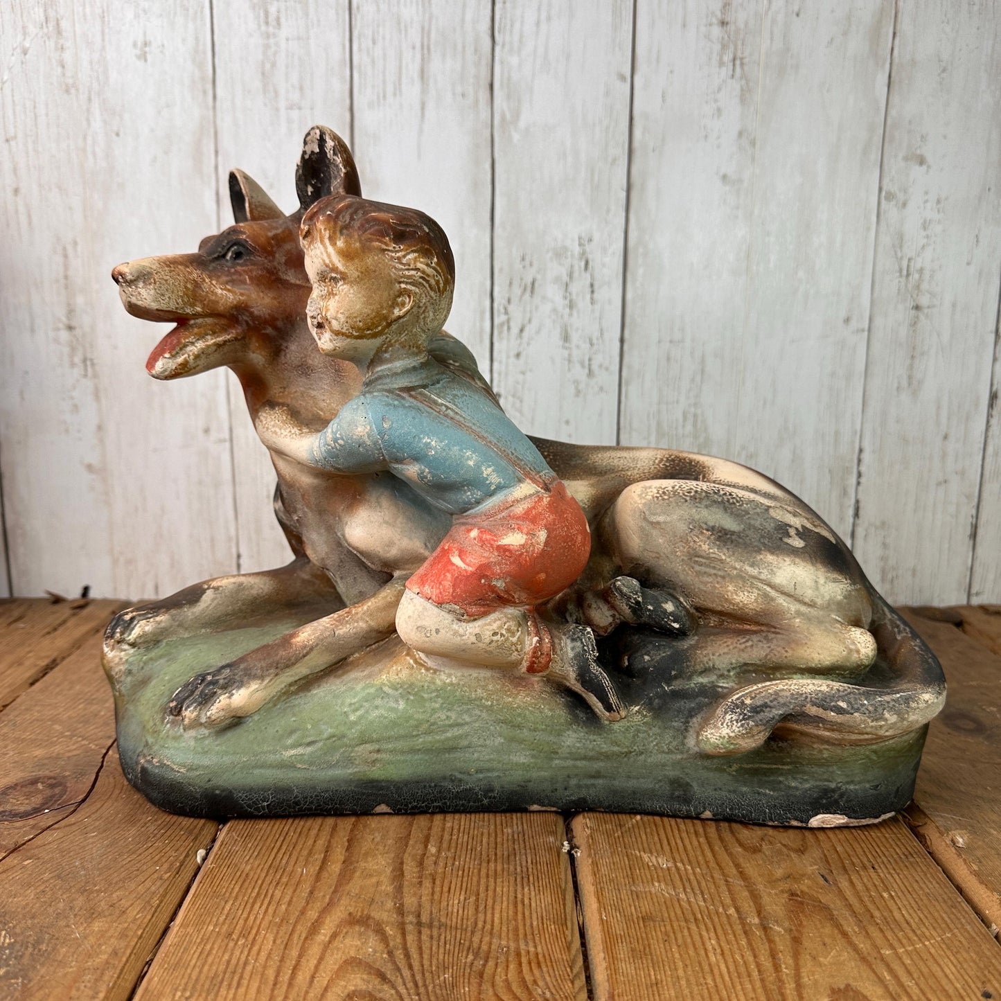 Vintage Chalkware Figure Alsatian & Child, Boy and His Dog