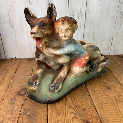 Vintage Chalkware Figure Alsatian & Child, Boy and His Dog