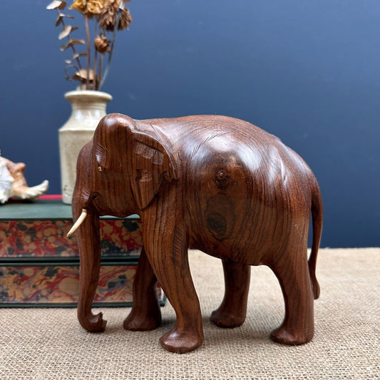 Mid Century Carved Wooden Elephant Figure with Tusks