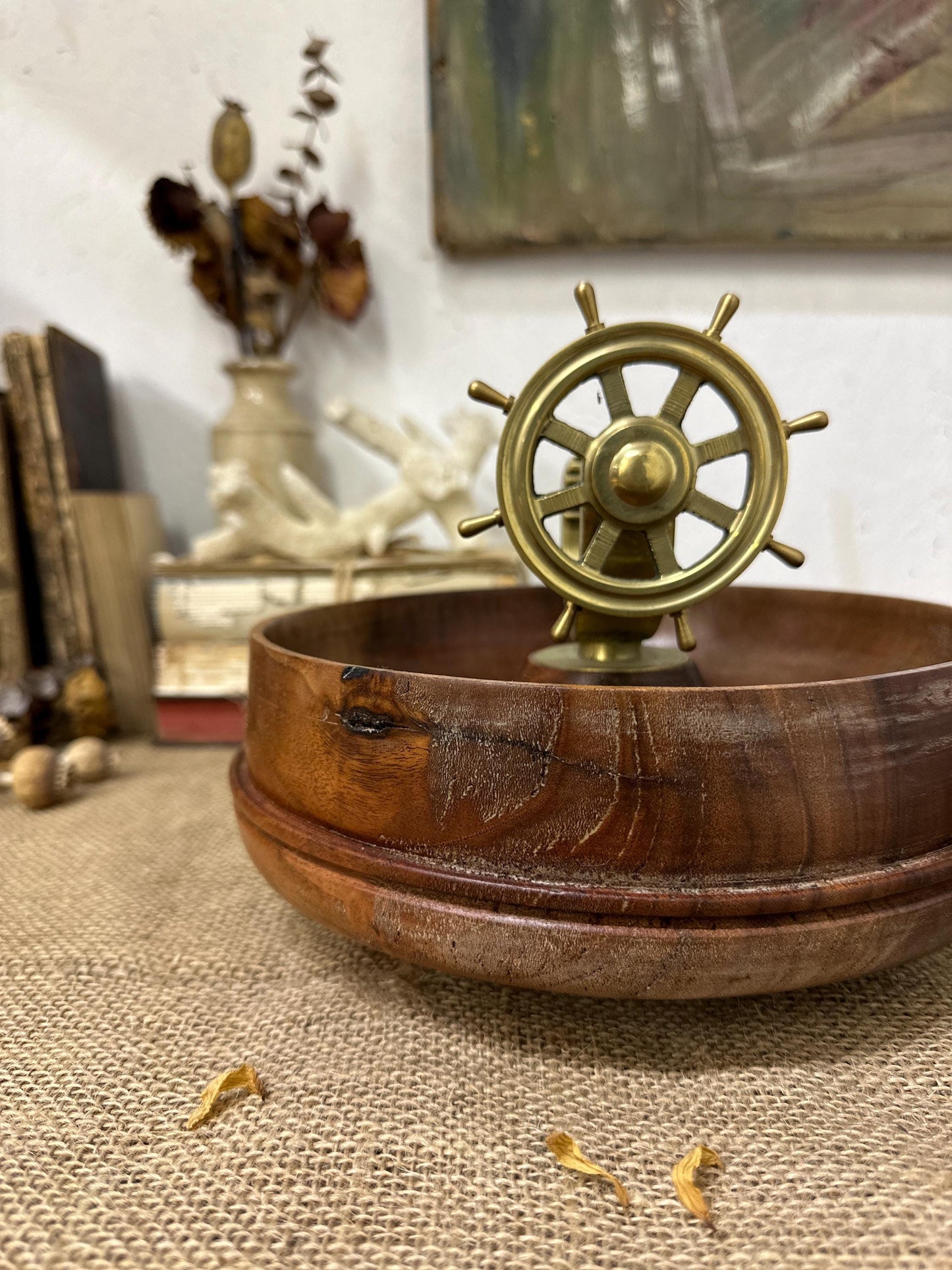 Vintage Ships Wheel Brass Nut Cracker Wooden Bowl