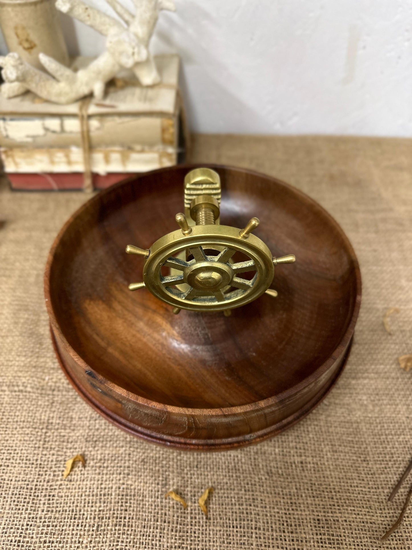 Vintage Ships Wheel Brass Nut Cracker Wooden Bowl