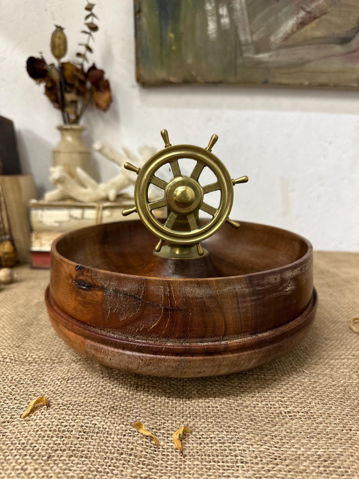 Vintage Ships Wheel Brass Nut Cracker Wooden Bowl