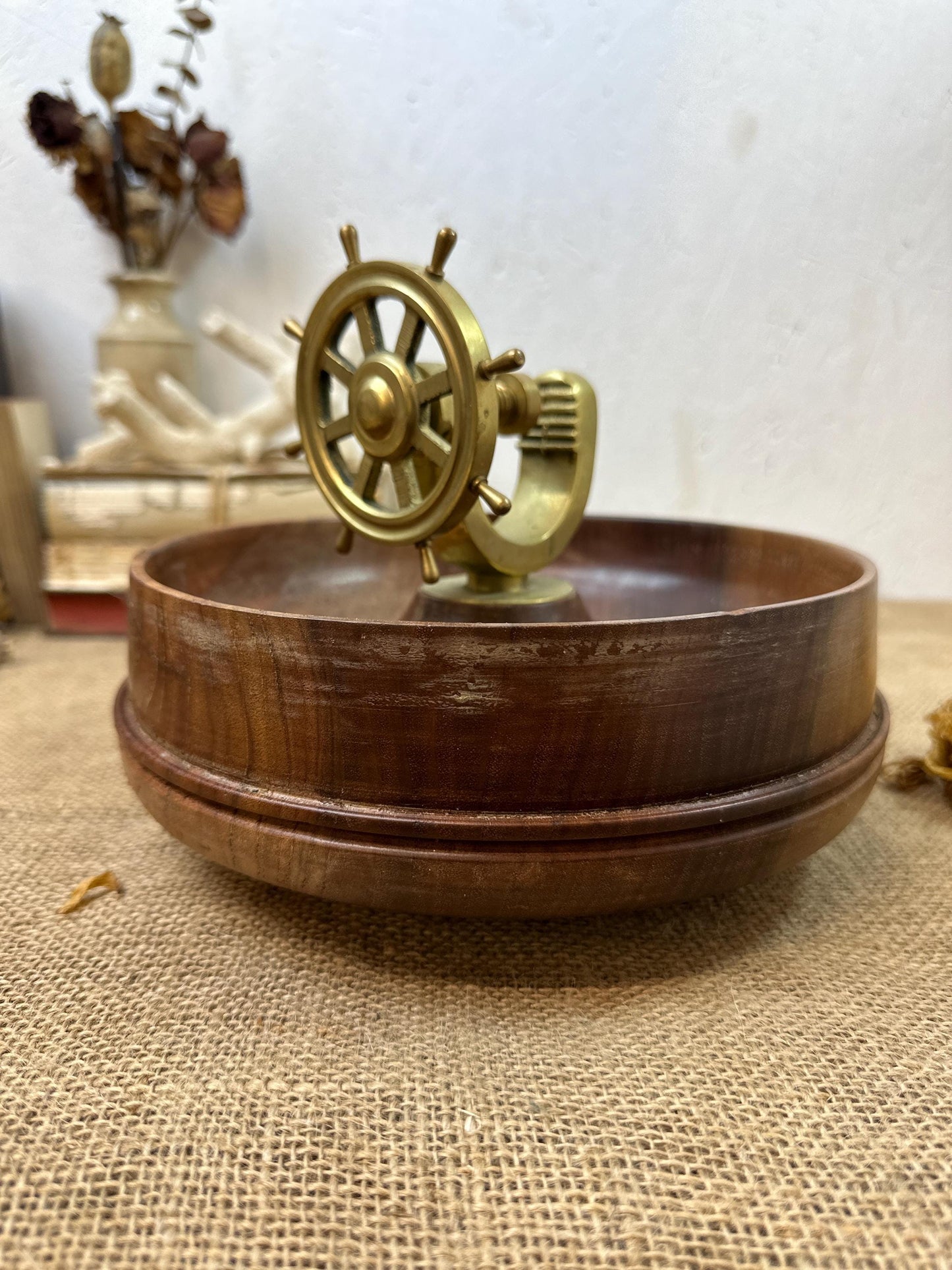 Vintage Ships Wheel Brass Nut Cracker Wooden Bowl