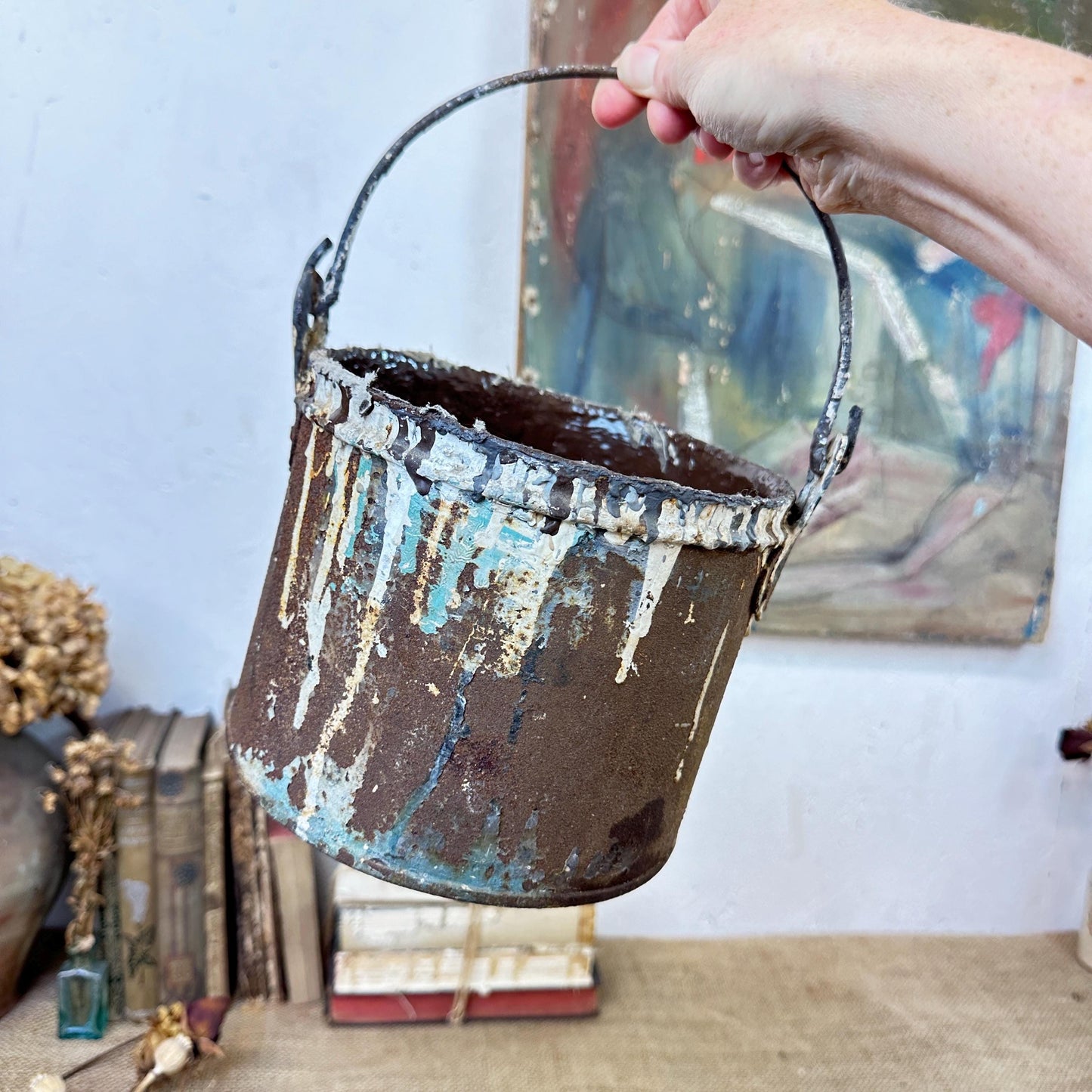 Vintage Paint Kettle Pot, Planter Storage Pot