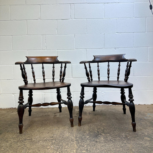 Pair of Victorian Antique Captains Smokers Bow Chair Turned Legs