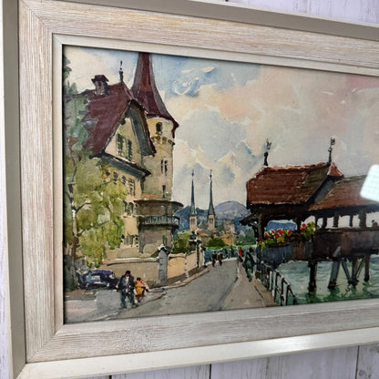 Vintage Signed Nicolas Markovitch Watercolour Print Chapel Bridge