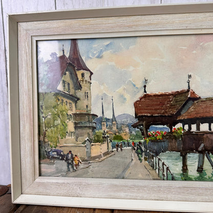 Vintage Signed Nicolas Markovitch Watercolour Print Chapel Bridge