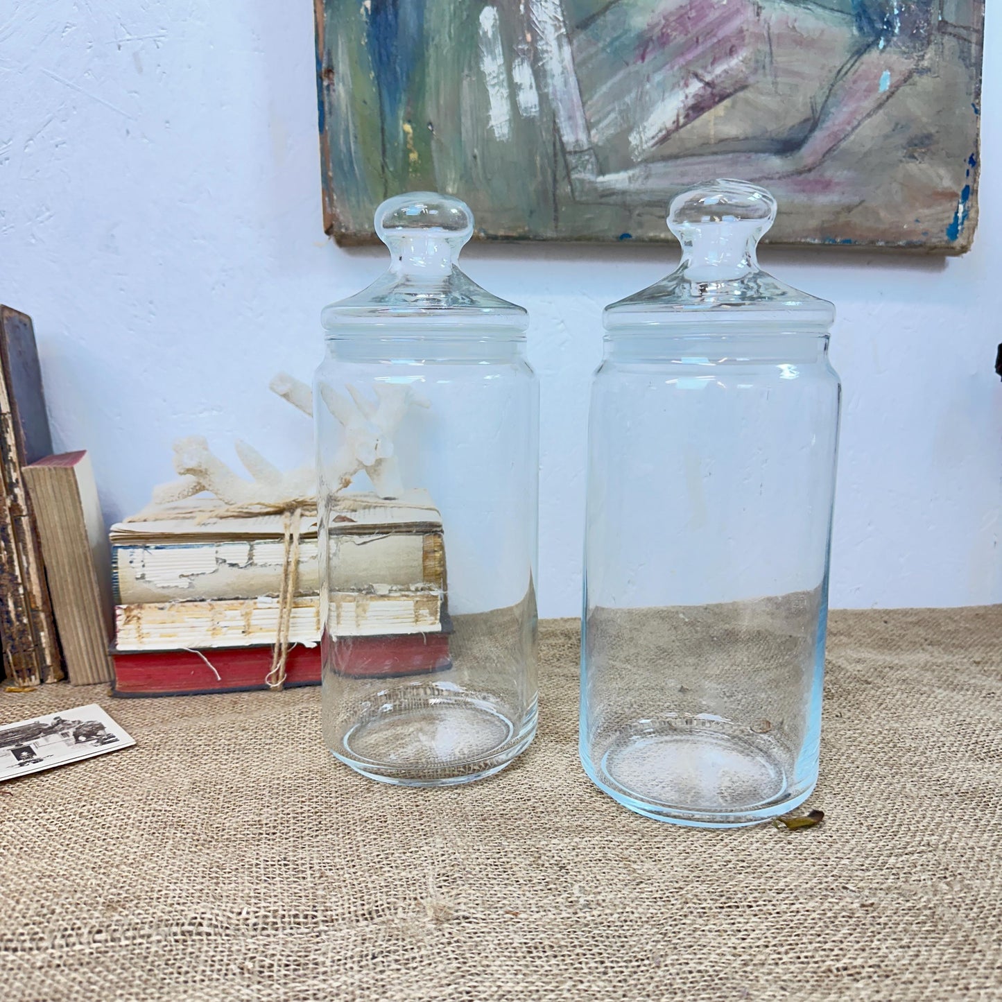 Pair of Large Clear Vintage Lidded Glass Apothecary Bon Bon Jars