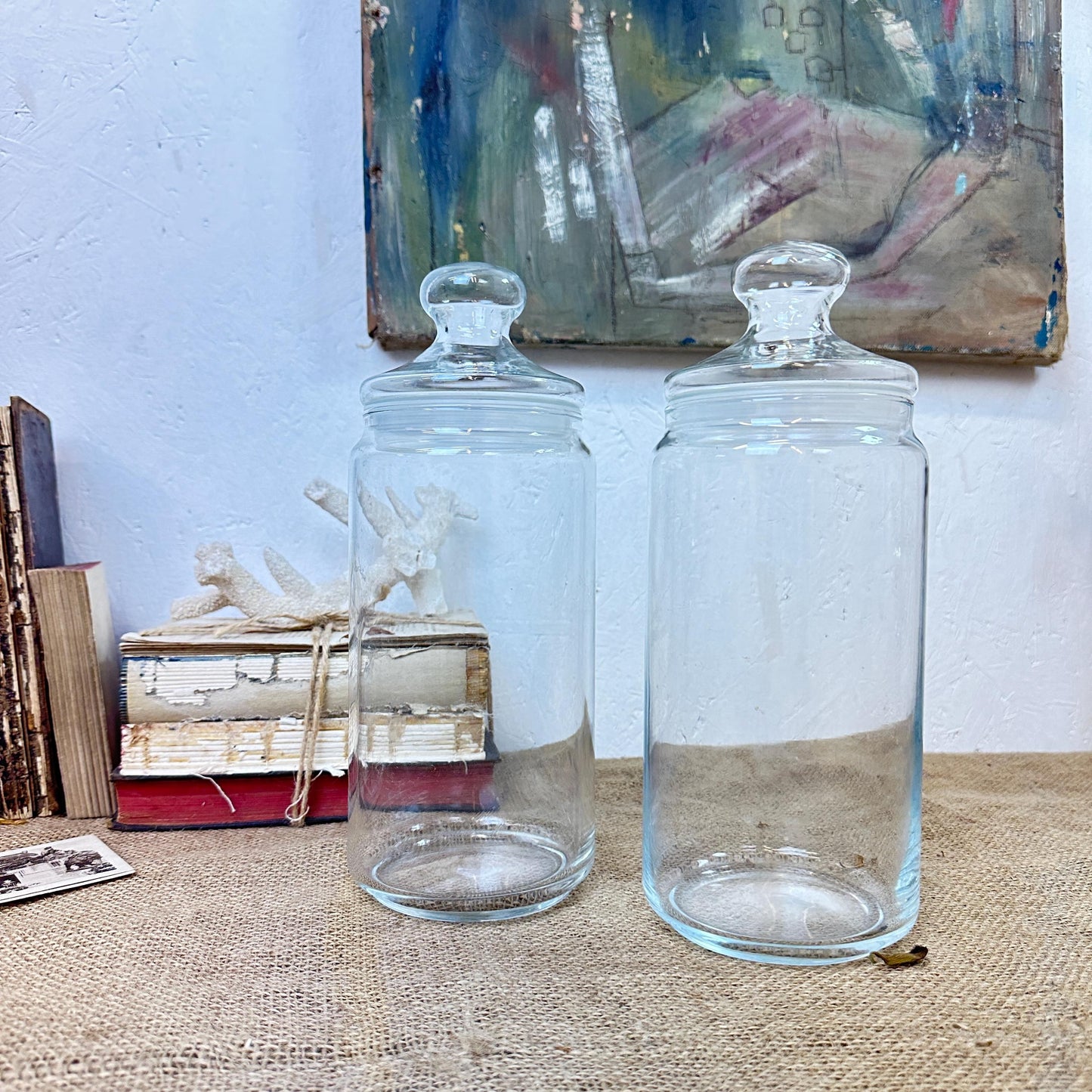 Pair of Large Clear Vintage Lidded Glass Apothecary Bon Bon Jars