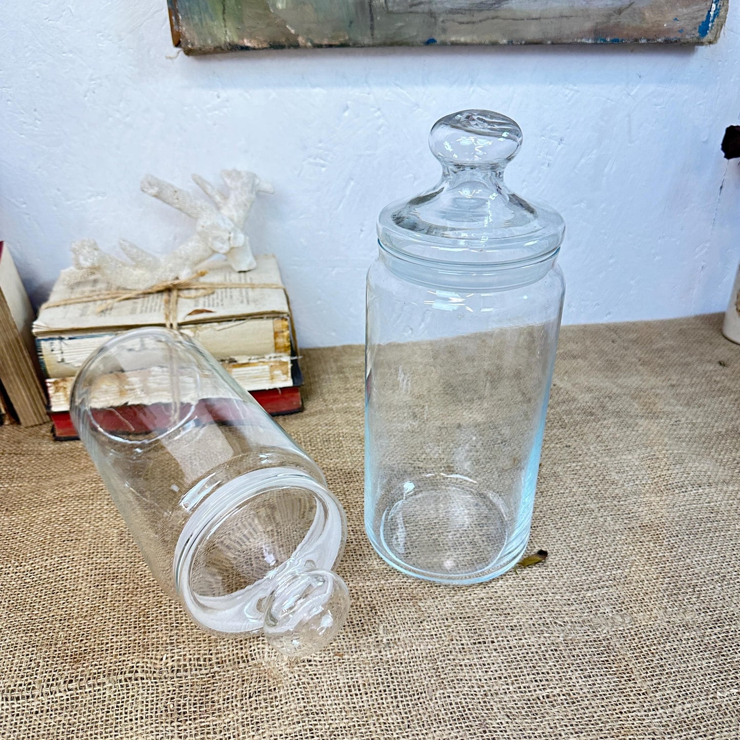 Pair of Large Clear Vintage Lidded Glass Apothecary Bon Bon Jars