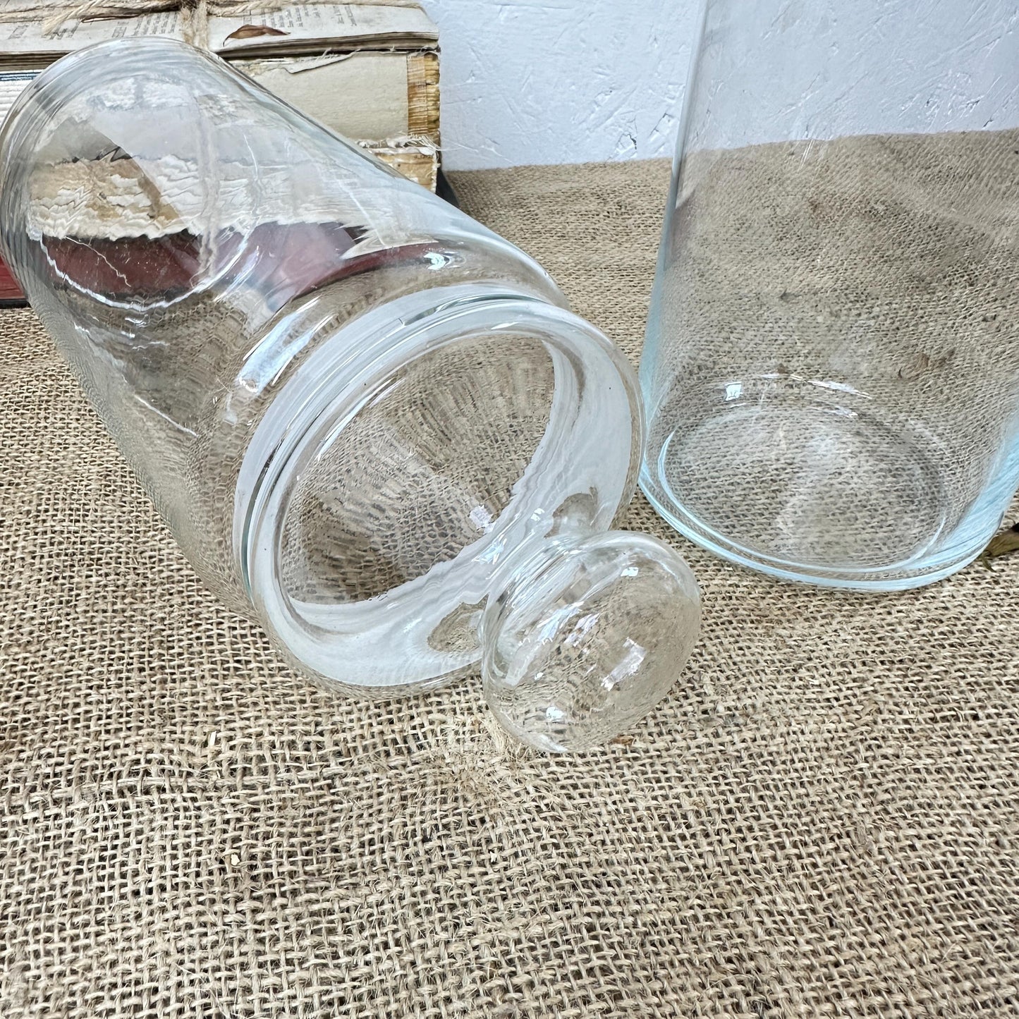 Pair of Large Clear Vintage Lidded Glass Apothecary Bon Bon Jars