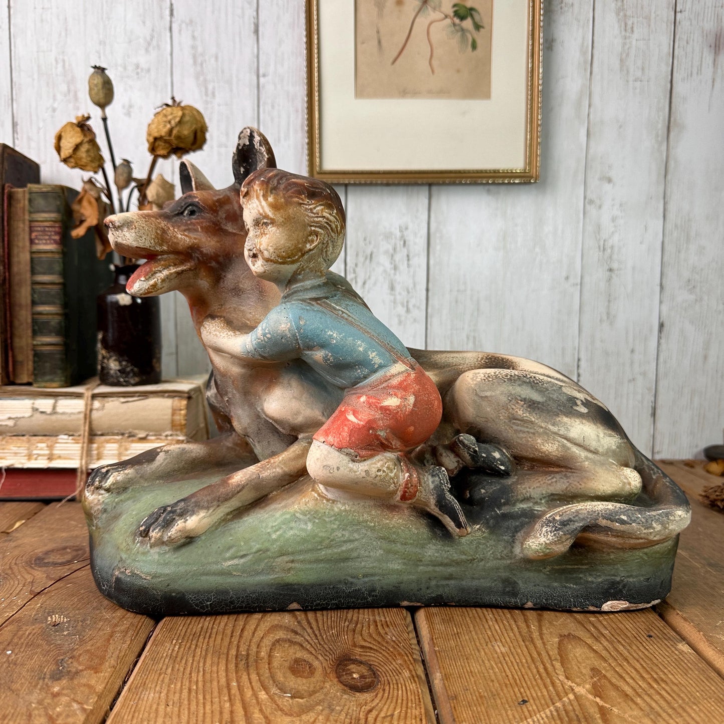 Vintage Chalkware Figure Alsatian & Child, Boy crouched next to his Dog