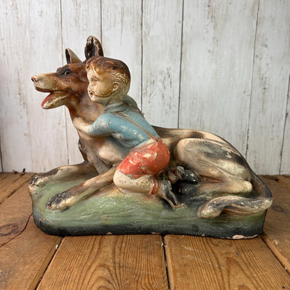 Vintage Chalkware Figure Alsatian & Child, Boy and His Dog