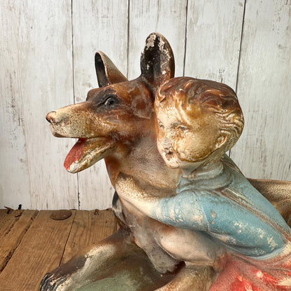 Vintage Chalkware Figure Alsatian & Child, Boy and His Dog