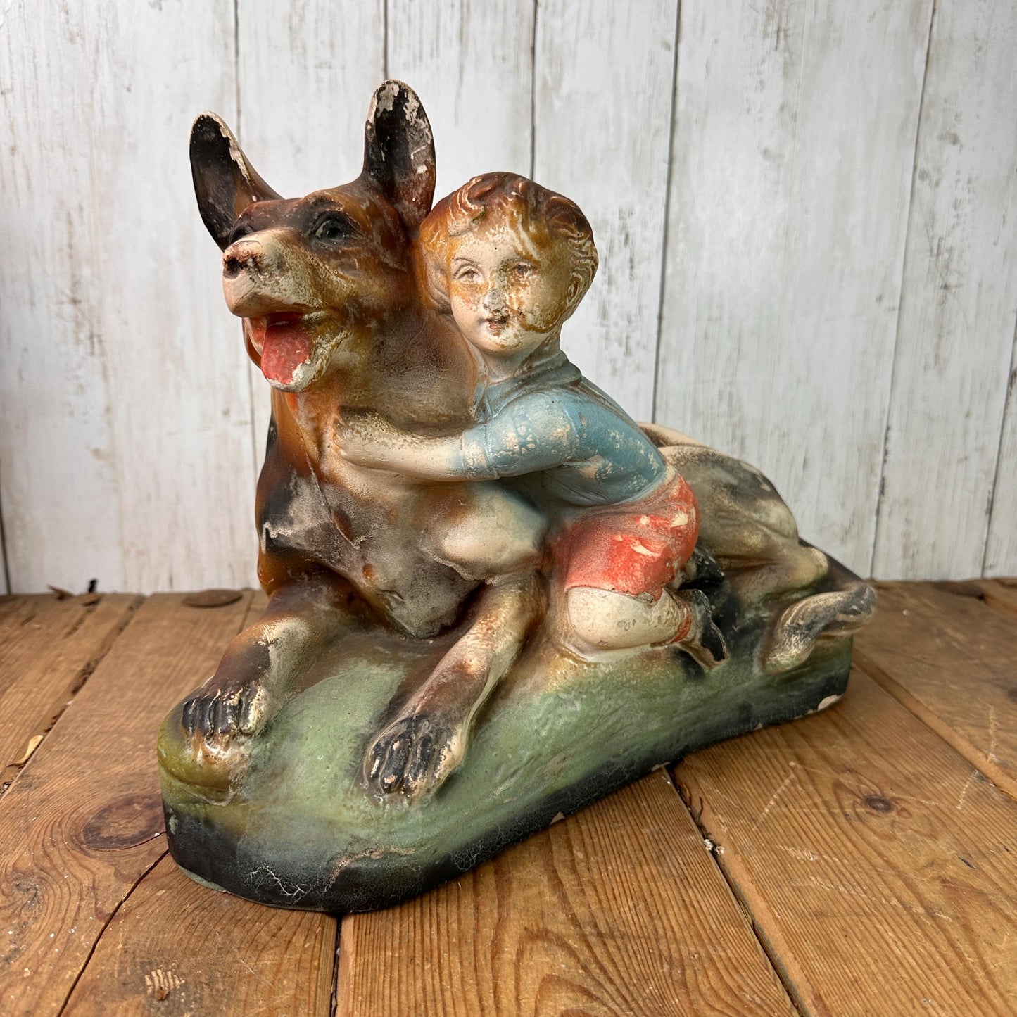 Vintage Chalkware Figure Alsatian & Child, Boy and His Dog