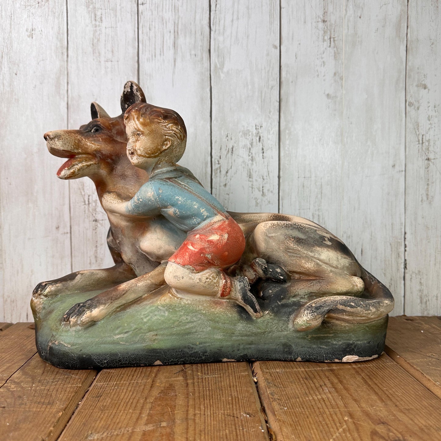 Vintage Chalkware Figure Alsatian & Child, Boy and His Dog