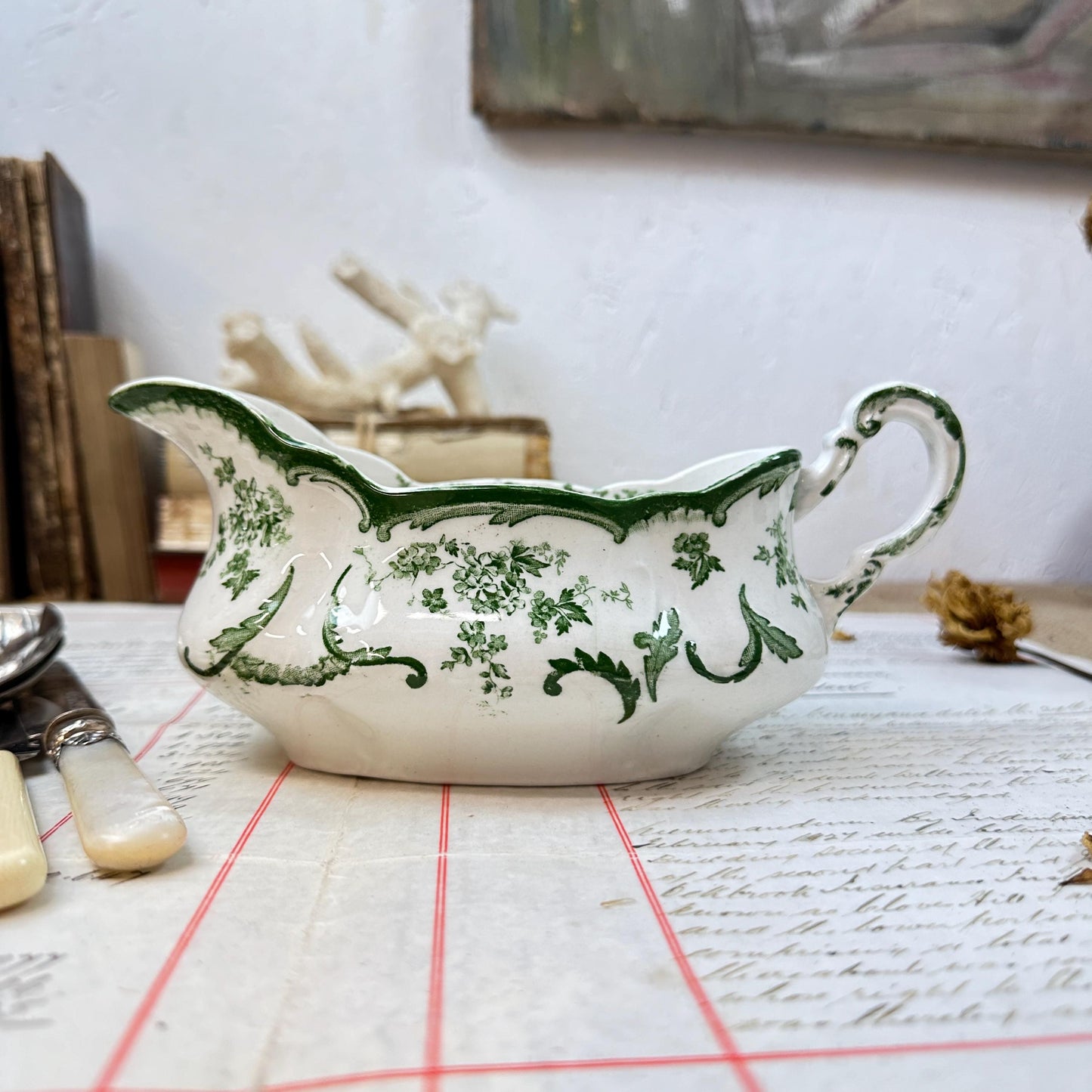 Green Victorian Transfer-ware Gravy Sauce Jug/Boat Ridgways Chiswick