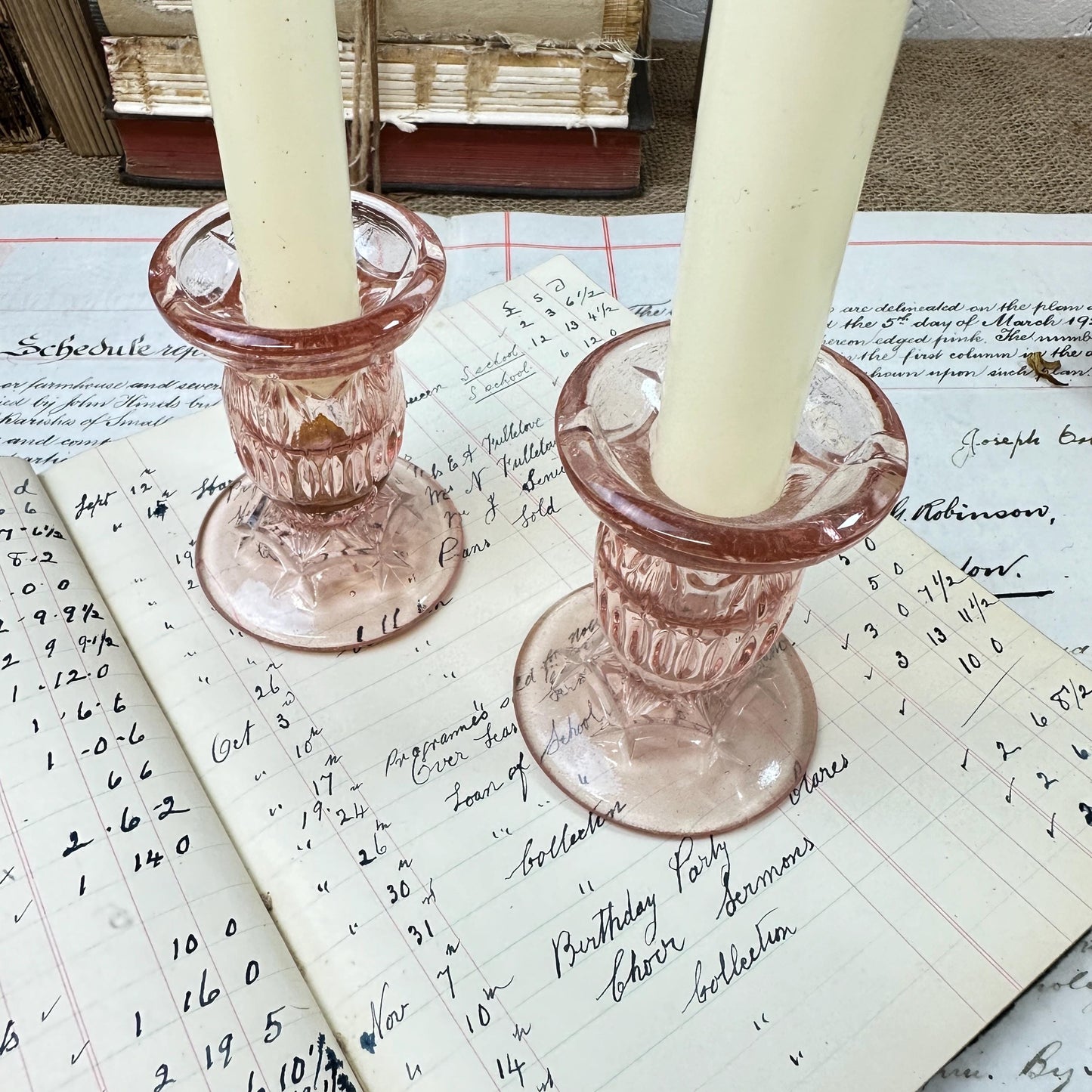 Vintage Pink Glass Pair of Candle Sticks