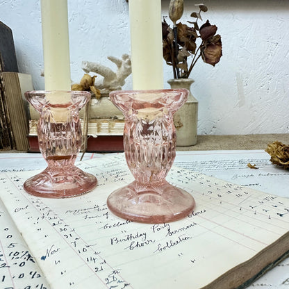 Vintage Pink Glass Pair of Candle Sticks