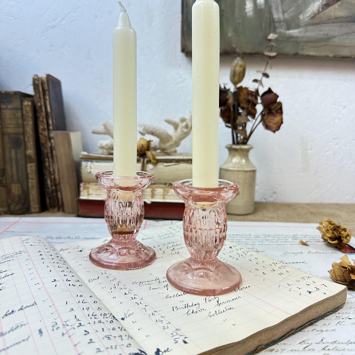 Vintage Pink Glass Pair of Candle Sticks