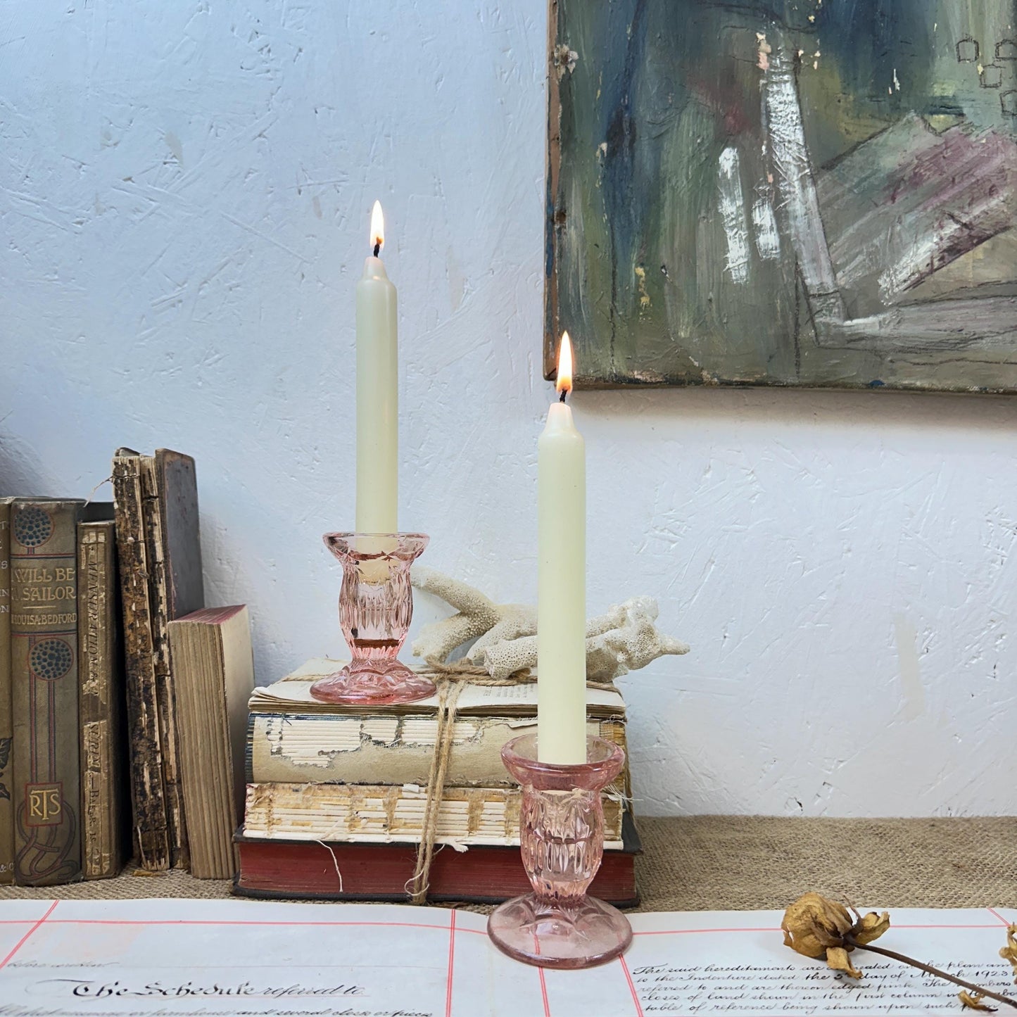 Vintage Pink Glass Pair of Candle Sticks